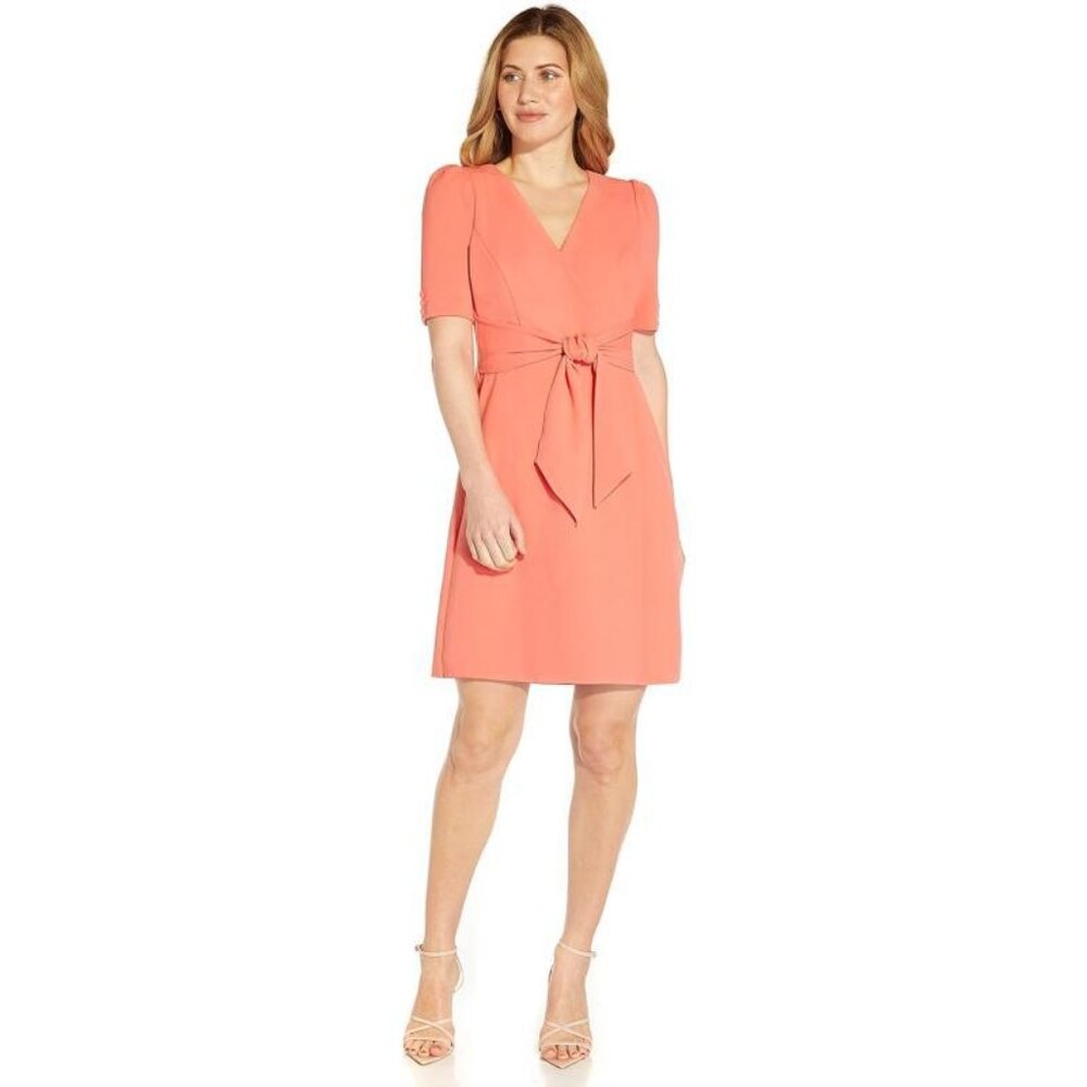 Adrianna Papell Crepe Tie Front Wrap Dress - Peach Bloss - Size 16